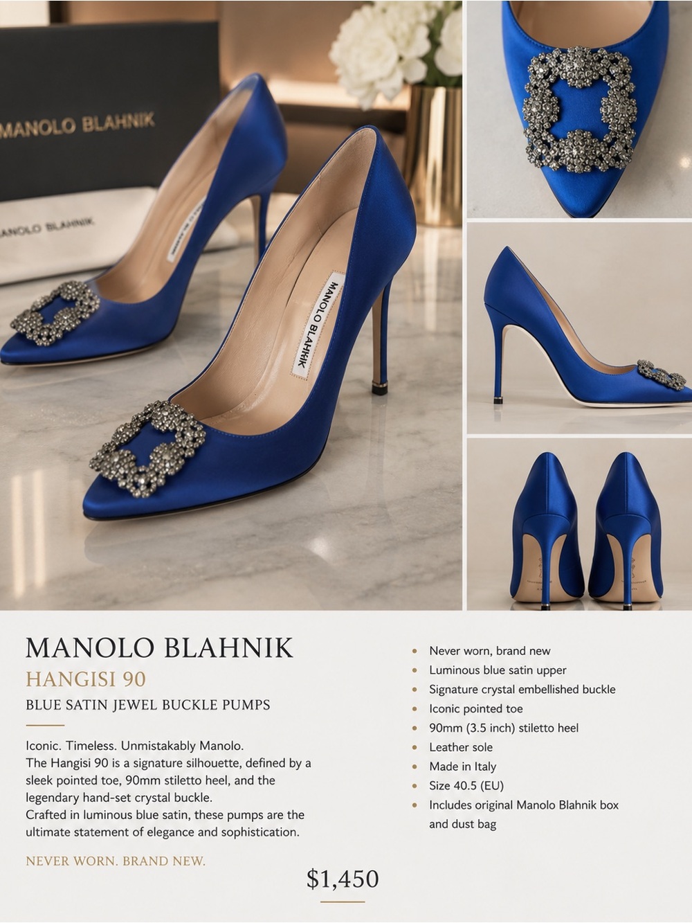 MANOLO BLAHNIK HANGISI 90 – BLUE SATIN JEWEL BUCKLE PUMPS - Picture 5 of 5